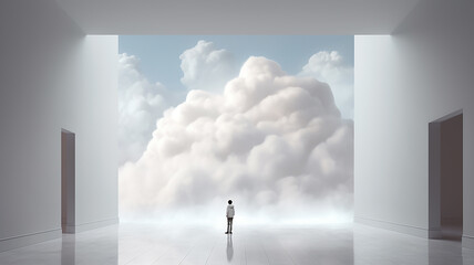 abstract background small silhouette of a man in a room among white clouds, psychology consciousness mind