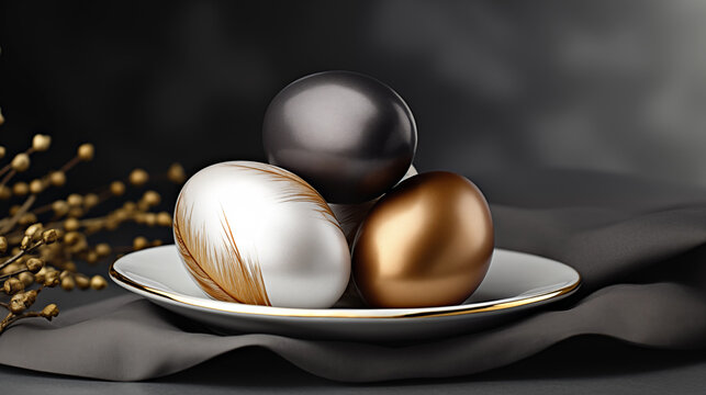 Happy easter colorfull eggs painted with gold design 