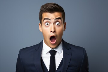 Young man with europan features dressed in suit is shocked, solid background