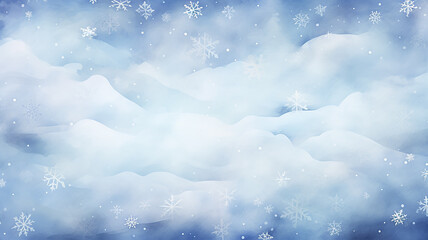 winter postcard blank form watercolor drawing, landscape in blue tones, covered with snow, snowfall in light blue tones abstract blurred background