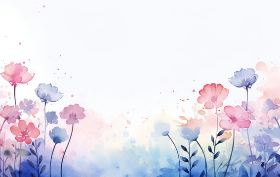 Floral Watercolor Blooming: A Colorful Illustration of Vintage Pink Blossoms on a Green Meadow