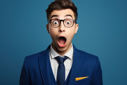 Young man with europan features dressed in suit is shocked, solid background