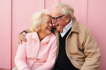 Happy senior couple embracing each other and laughing while sitting against pink background.