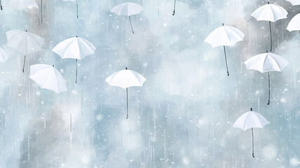 abstract watercolor background snowfall, christmas view blurred blizzard light blue snowflakes on a white city background