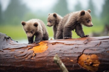 Fototapeta premium cubs climbing over a fallen tree trunk