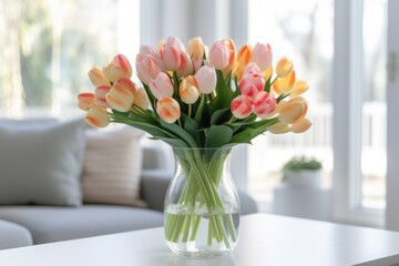 Bouquet of beautiful ranunculuses on table in living room
