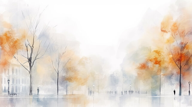 watercolor drawing autumn city park landscape on a white background in light autumn yellow tones, abstract view