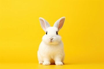 Cute white rabbit on yellow background with copy space for text