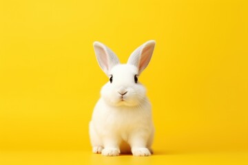 Fototapeta premium Cute white rabbit on yellow background with copy space for text