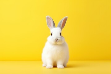Cute white rabbit on yellow background with copy space for text - obrazy, fototapety, plakaty