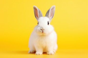 Cute white rabbit on yellow background with copy space for text