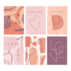 Set of abstract trendy valentine's day poster cards. Modern Art. Paint strokes, smooth shapes, texture brushes. Love, heart, xoxo, kiss. Hand drawn.