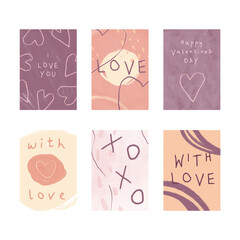 Set of abstract trendy valentine's day poster cards. Modern Art. Paint strokes, smooth shapes, texture brushes. Love, heart, xoxo, kiss. Hand drawn.