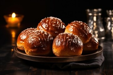 Obraz na płótnie Canvas Delicious sweet buns in bowl and decor on table against black background with blurred lights