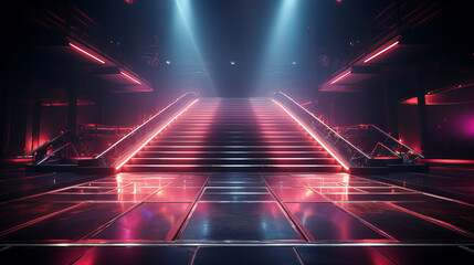Futuristic Concert Hall Lights, empty concert hall bathed in dramatic red and blue neon lights,...