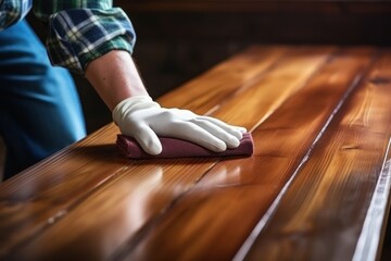 Man with brush applying wood stain onto wooden surface indoors, closeup - Powered by Adobe
