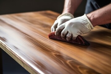 Man with brush applying wood stain onto wooden surface indoors, closeup