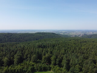 Bavarian forest with fields and meadows, aerial