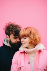 Portrait of a loving couple in pink clothes on a pink background.