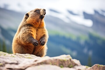 marmot on guard duty, vocalizing loudly