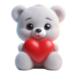 Cute, fluffy, white teddy bear with a big red heart on transparent background (PNG). Generative AI.