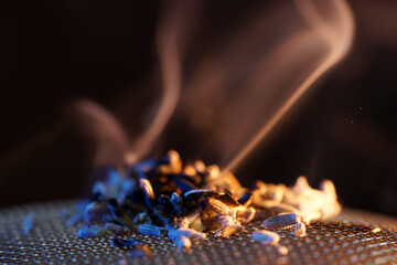 Kitchen spices for smoking in detail with incense and smoke against a dark