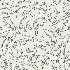 Vector Cute Outline Wolves Seamless Pattern for Textile or Wrapping Paper