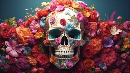 colorful paint Bones Skull with Flowers on background, 3D render