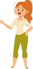 Angry young woman arguing, expressive redhead female cartoon character, hands on hips, frustration gesture. Conflict, debate, and anger expression vector illustration.