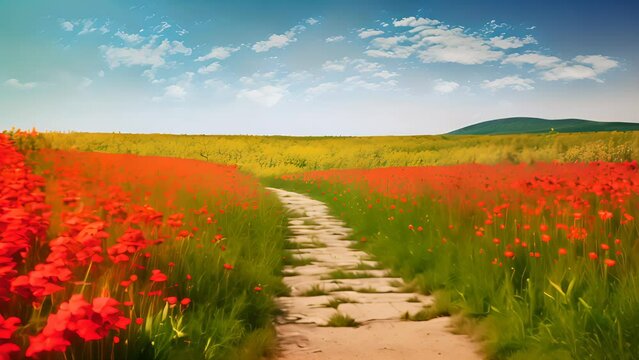 Yellow brick road through green meadows with red poppy flowers, fantasy summer background. 