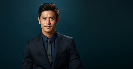 Obraz premium Stylish Asian man in dark blue business suit on a background with free space