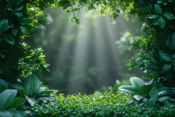 Mystical Forest Morning, Sunlight Through Mist, Lush Greenery, Tranquil Nature Scene