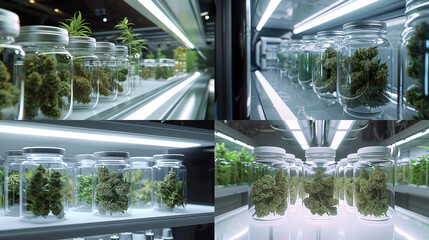 Cannabis buds in glass jars aligned and stocked in a white futurist and modern cryogenic chamber, ultra-realistic style, in the style of.