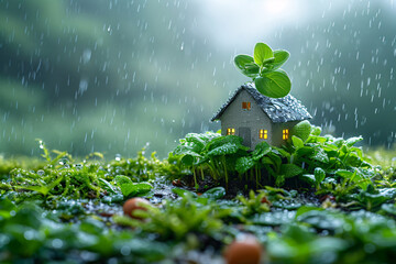 Miniature Eco House with Rain Harvesting, Sustainable Living Concept, Green Home Innovation, Water Conservation