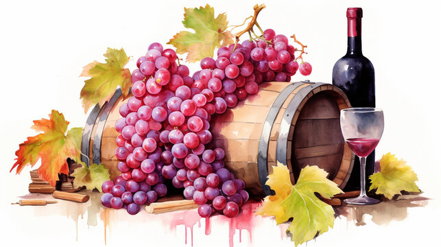 Grapes and Wine: Watercolor Painting with Rustic Barrel and Bottle