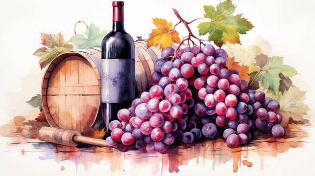 Vineyard Harmony: Watercolor Illustration of Grapes, Barrel, and Wine