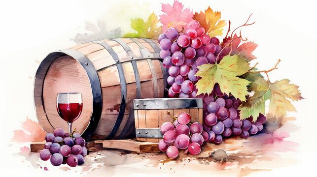 Wine Country Elegance: Pink Grapes, Barrel, and Bottle Watercolor