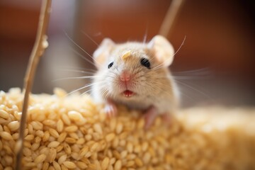 wild mouse with a cheek full of rice grains - obrazy, fototapety, plakaty