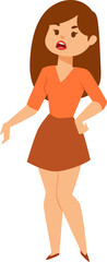 Young woman standing with hands on hips, displeased expression. Modern casual clothing style, confident posture. Female dissatisfaction and annoyance vector illustration.