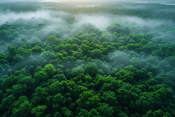 Lush Forest Aerial View, Vibrant Green Canopy, Misty Woodland, Nature's Lungs