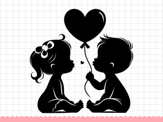 Cute baby boy and girl with heart shaped balloon. Vector illustration.