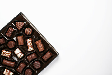 Box with delicious chocolate candies ona white background. Top view, space for text. 