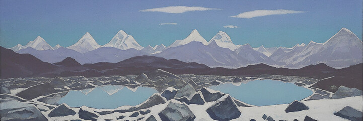 High mountains. Beautiful landscape reflected in a mountain lake. Mountain landscape. Oil painting. Minimalism.