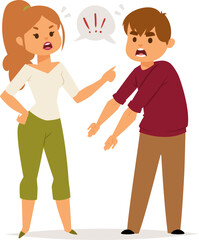 Angry woman and man arguing with shouting expressions. White adults in casual clothes having a disagreement. Conflict resolution and relationship issues vector illustration.