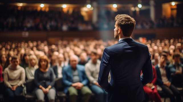 speaker in front of the audience back view, debate, male lecturer speaking in front of a hall of people, the concept of public speaking abstract fictional