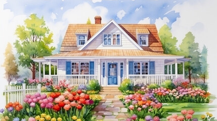 Fototapeta na wymiar Floral Homestead: Watercolor Illustration of a Cute Farmhouse