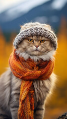 Obraz premium vertical autumn view, cute cat in autumn clothes on a landscape background, autumn joke funny picture