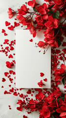 Blank paper card mockup with red flowers and heart-shaped confetti. Luxury greeting card design concept. Generative AI