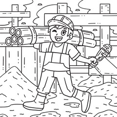 Construction Plumber with Pipes Coloring Page 