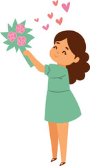 Young girl smiling holding bouquet of pink roses. Happy child with flowers and hearts vector illustration.